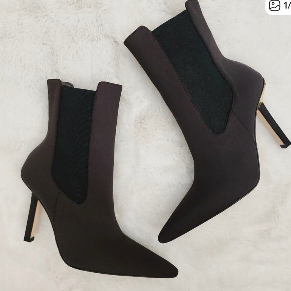 Pointed Toe High Kickstand Stiletto  Heel Ankle Boots in Brown Neoprene